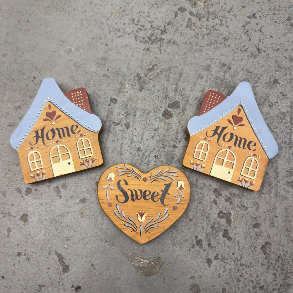 Vintage Folk Art Wood Wall Plaques Home Sweet Home 3pc Set House Heart Blue